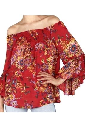 Beach Lunch Lounge Off-Shoulder Red Floral Blouse - Women Tops Size Petite Small